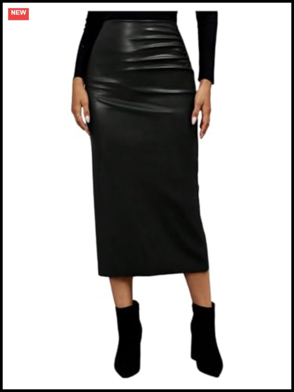 Faux Leather High Waist Slit Maxi Skirt Ruched Side Pencil Skirt
